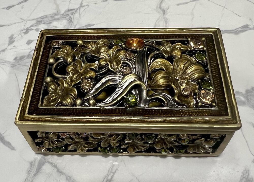 Vintage Hollywood Regency Jeweled Floral Jewelry Casket Trinket Box Gold Tone